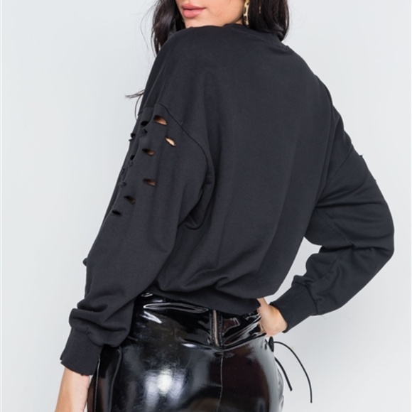 Ripped Up Distressed Crew Neck Sweater (Black) - Picture 3 of 4